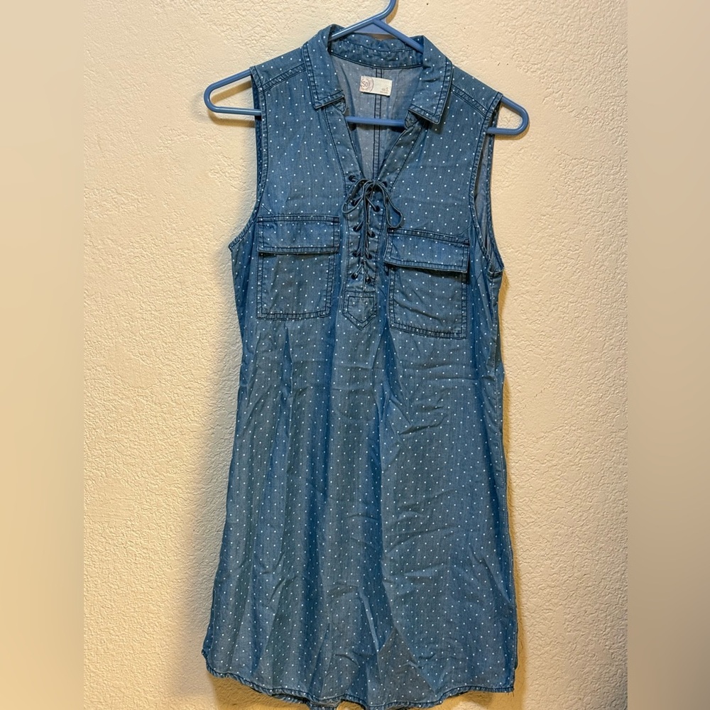 SO Sleeveless Denim Blue Tunic with Polka Dots